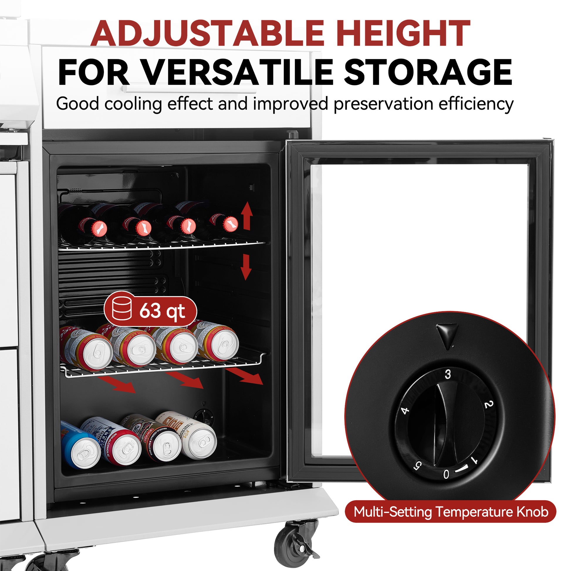 A commercial refrigerator with its door open, showing shelves stocked with bottles and cans. Large text at the top reads 'ADJUSTABLE HEIGHT FOR VERSATILE STORAGE' with smaller copy about cooling and preservation efficiency.