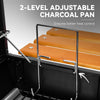 Two-level adjustable charcoal pan with metal stand on a grill, featuring text about better heat control.