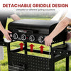 A black Royal Gourmet gas grill on a black stand outdoors, with two people holding the lid to demonstrate the detachable griddle design. Red arrows and text highlight the detachable griddle feature.