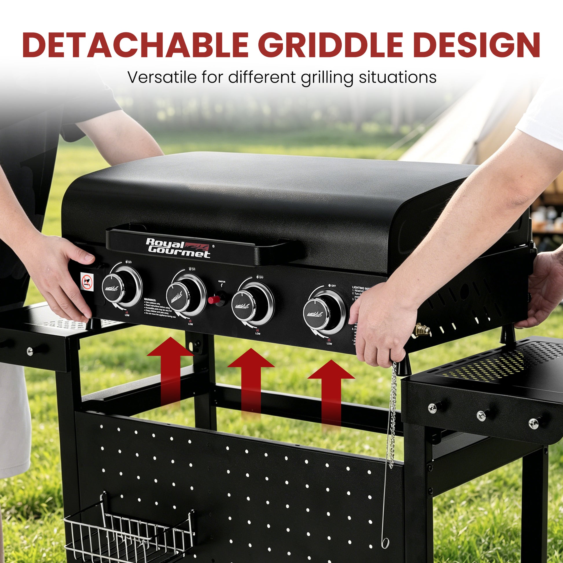 A black Royal Gourmet gas grill on a black stand outdoors, with two people holding the lid to demonstrate the detachable griddle design. Red arrows and text highlight the detachable griddle feature.