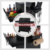 Black outdoor kitchen storage system with shelves, hooks, and grill on a white background.