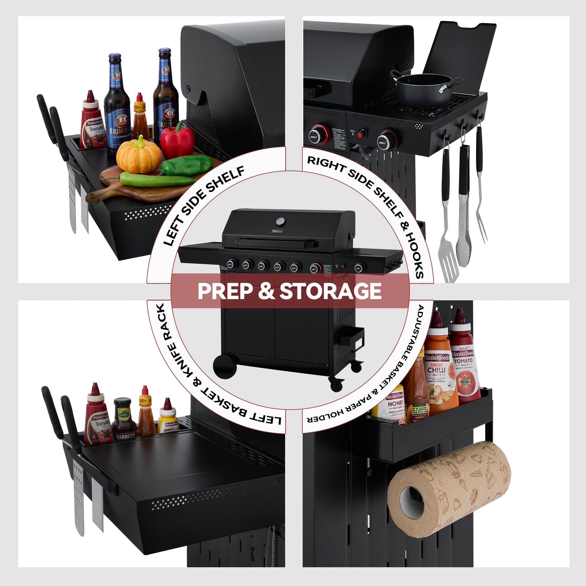 Black outdoor kitchen storage system with shelves, hooks, and grill on a white background.