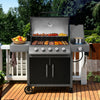 Royal Gourmet Gas grill with food on a wooden deck outdoors