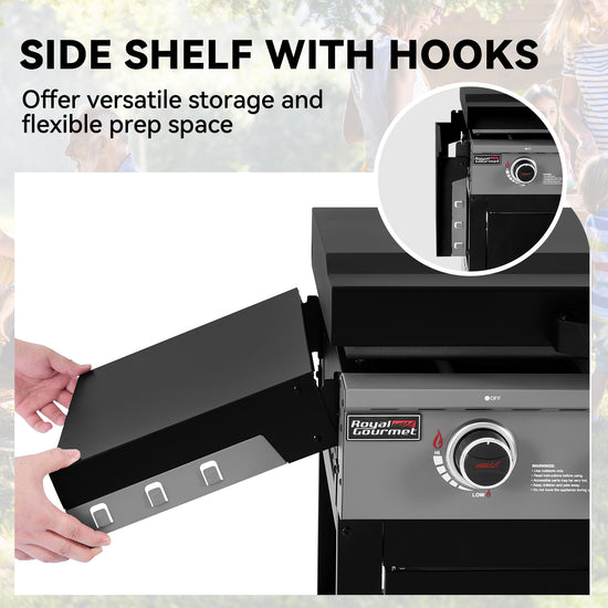 A black and gray Royal Gourmet outdoor grill with a side shelf being pulled out by hands, shown with marketing text and a circular inset detail of the shelf hooks.