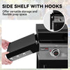 A black and gray Royal Gourmet outdoor grill with a side shelf being pulled out by hands, shown with marketing text and a circular inset detail of the shelf hooks.