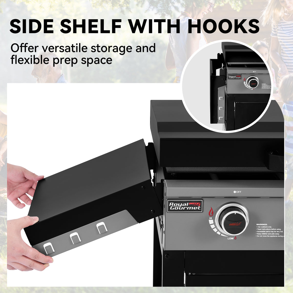 A black and gray Royal Gourmet outdoor grill with a side shelf being pulled out by hands, shown with marketing text and a circular inset detail of the shelf hooks.