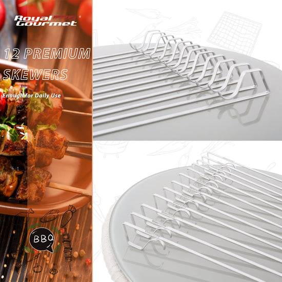 Set of 12 premium skewers with a rack, ideal for daily use, on a white background.