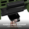 Close-up of a black drip tray attached to an olive Royal Gourmet green and black grill, with a hand holding the tray open. Text at the bottom reads 'HASSLE-FREE CLEANUP' and 'quickly collect drippings grilling.