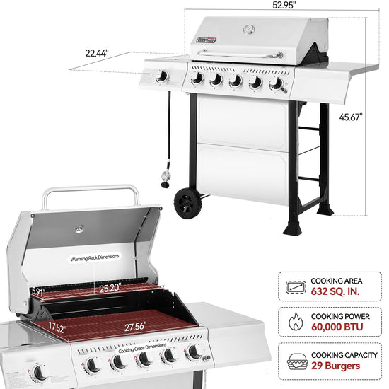 Grill with dimensions and features displayed on a white background