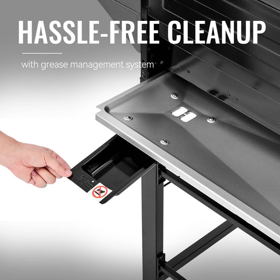 Hand opening a drawer on a grill with text 'Hassle-Free Cleanup with grease management system'.
