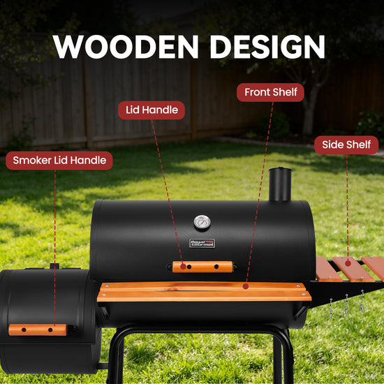 A black Royal Gourmet outdoor smoker grill with wooden shelves and handles, shown on grass with labeled callouts reading 'Wooden Design' and pointing to the smoker lid handle, front shelf, and side shelf.