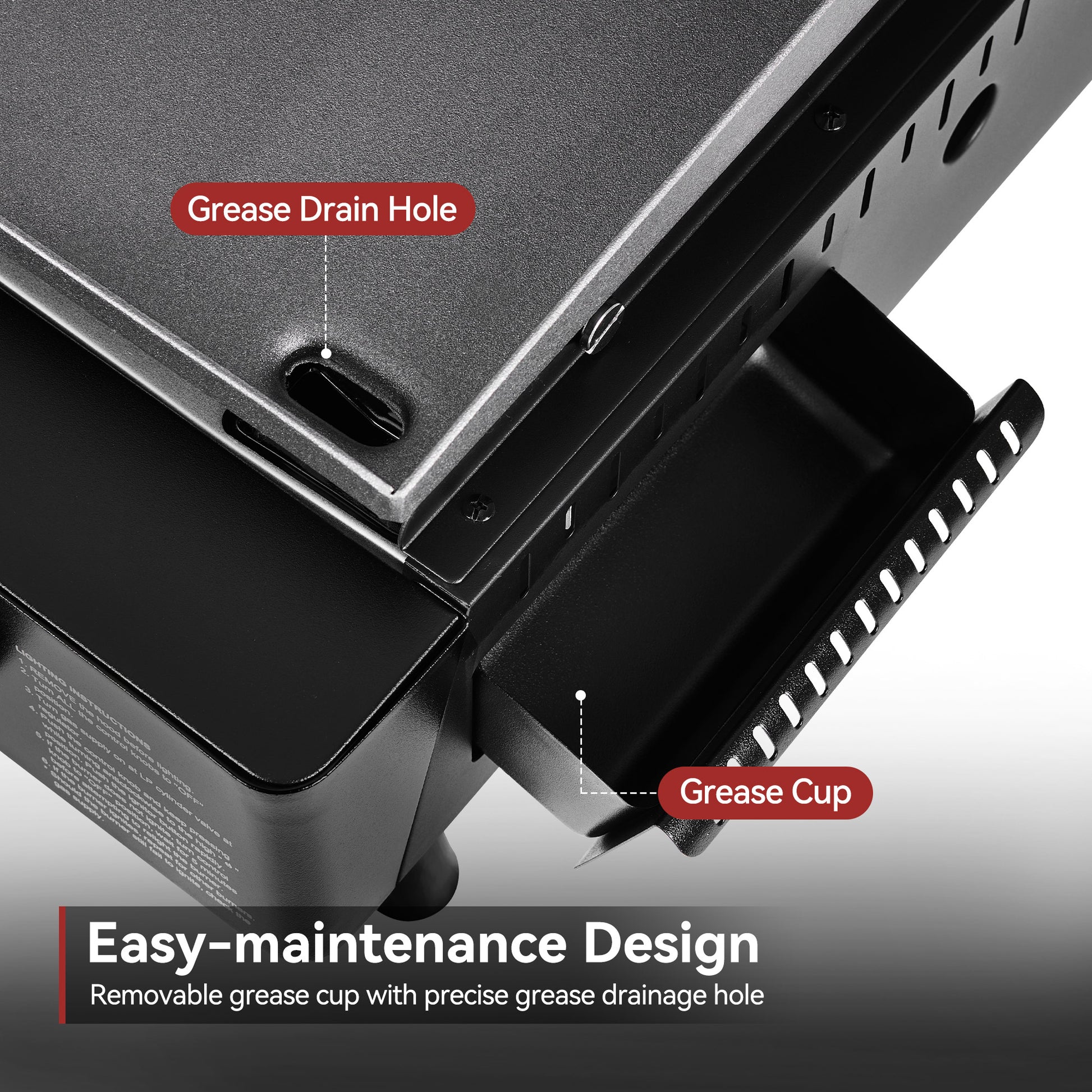 Close-up of a Royal Gourmet grill with a grease cup and drain hole labeled, emphasizing easy maintenance design.