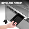 Hand opening a drawer in a kitchen appliance with text about hassle-free cleanup.