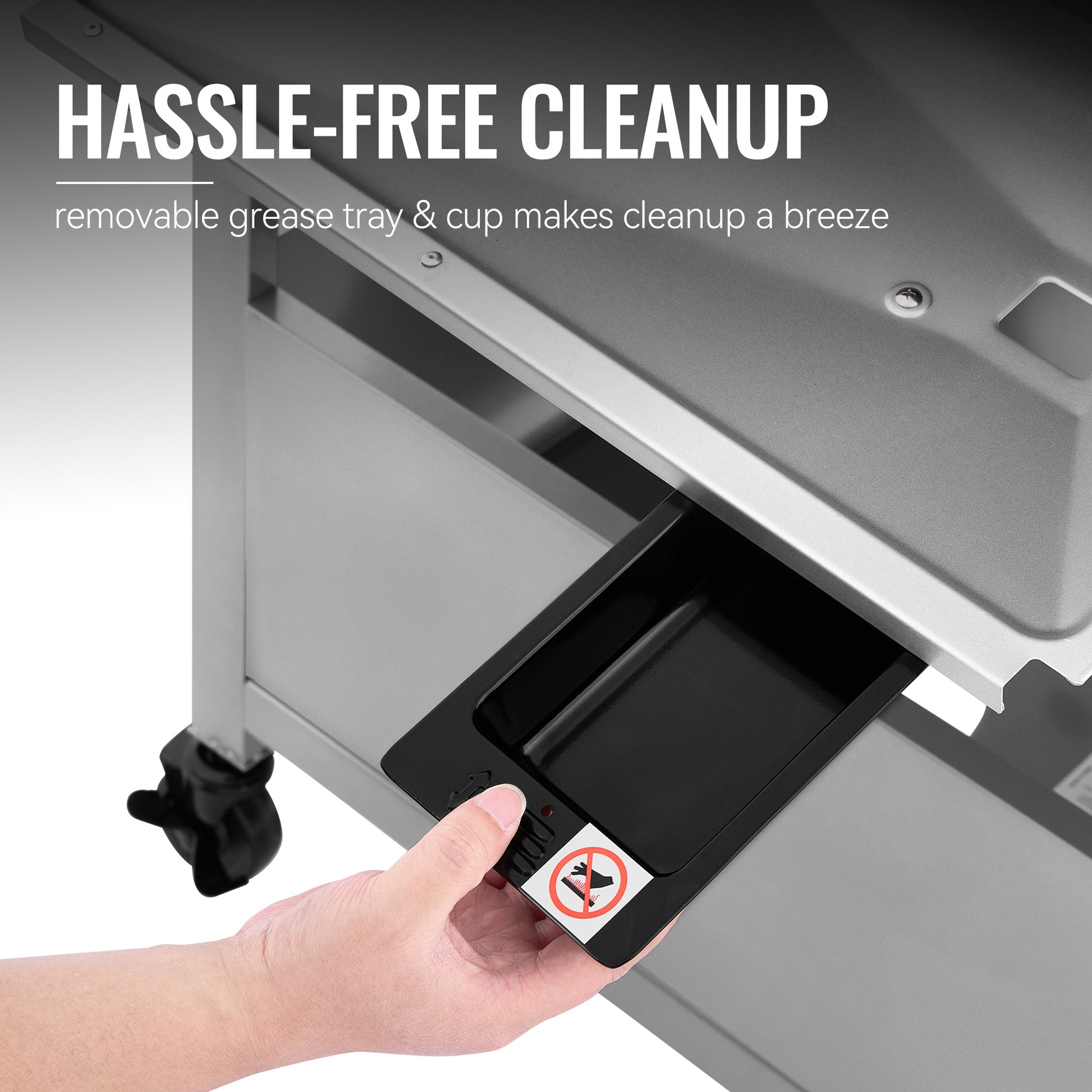 Hand opening a drawer in a kitchen appliance with text about hassle-free cleanup.