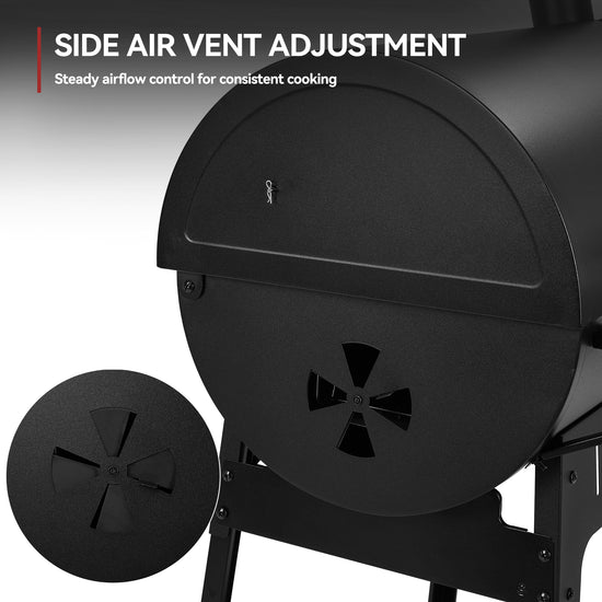 Royal Gourmet Black barbecue grill with side air vent adjustment feature on a white background