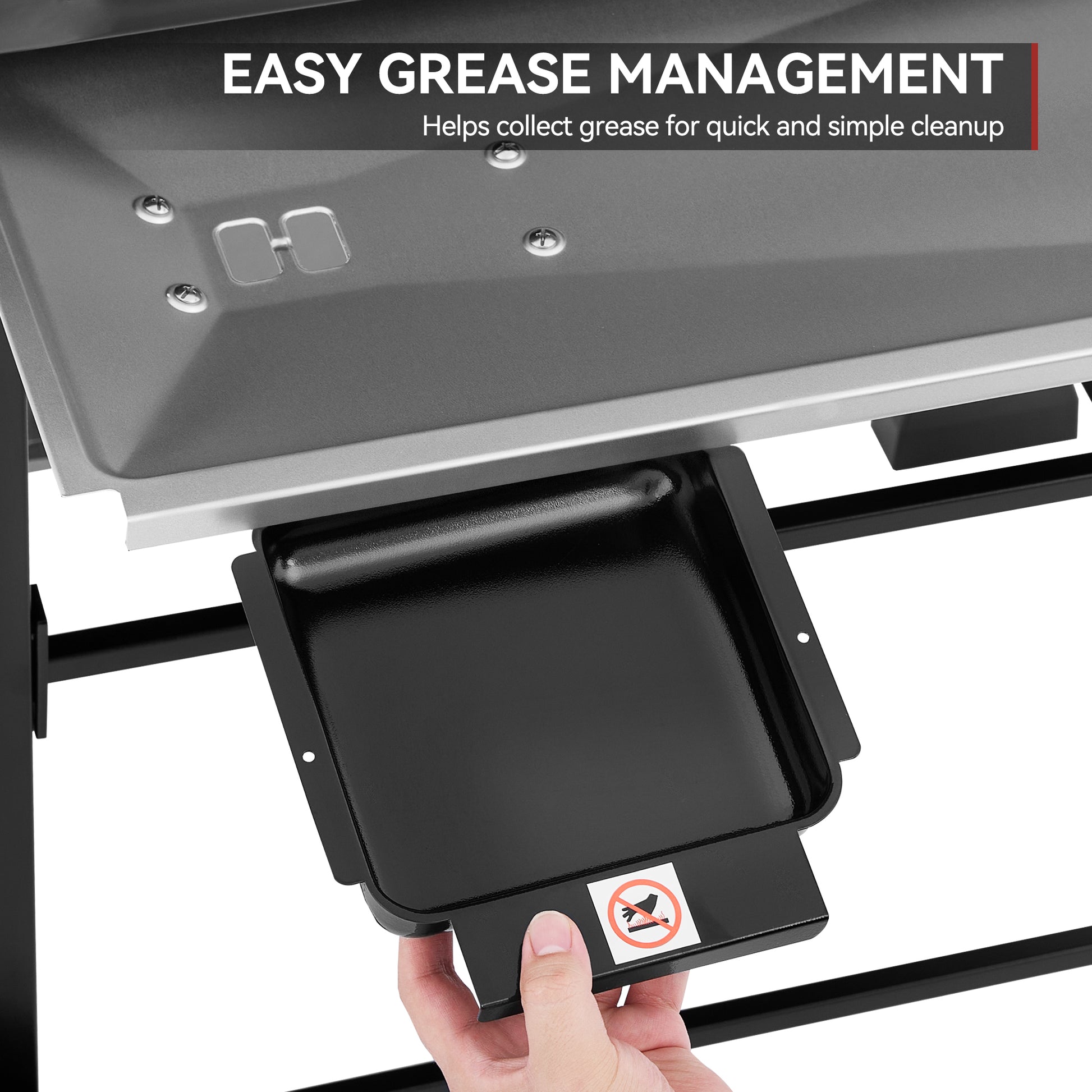 Close-up of a black grease tray being pulled down from a Royal Gourmet grill shelf, with a hand holding it. White text at the top reads 'EASY GREASE MANAGEMENT' and 'Helps collect grease for quick and simple cleanup.