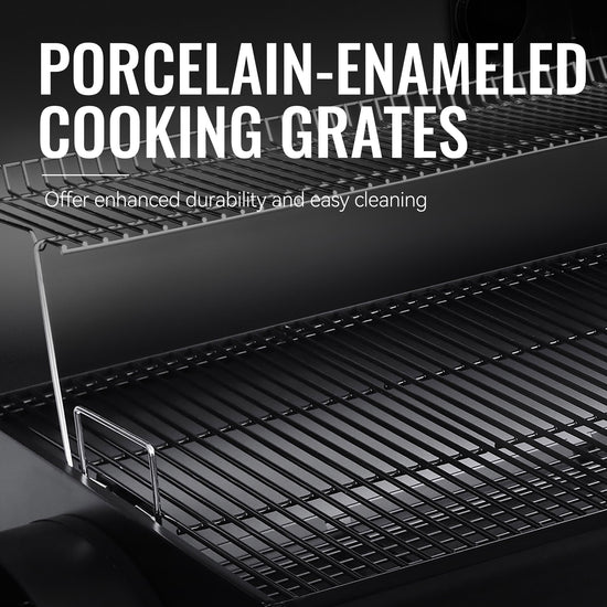 Porcelain-enameled cooking grates with text highlighting benefits
