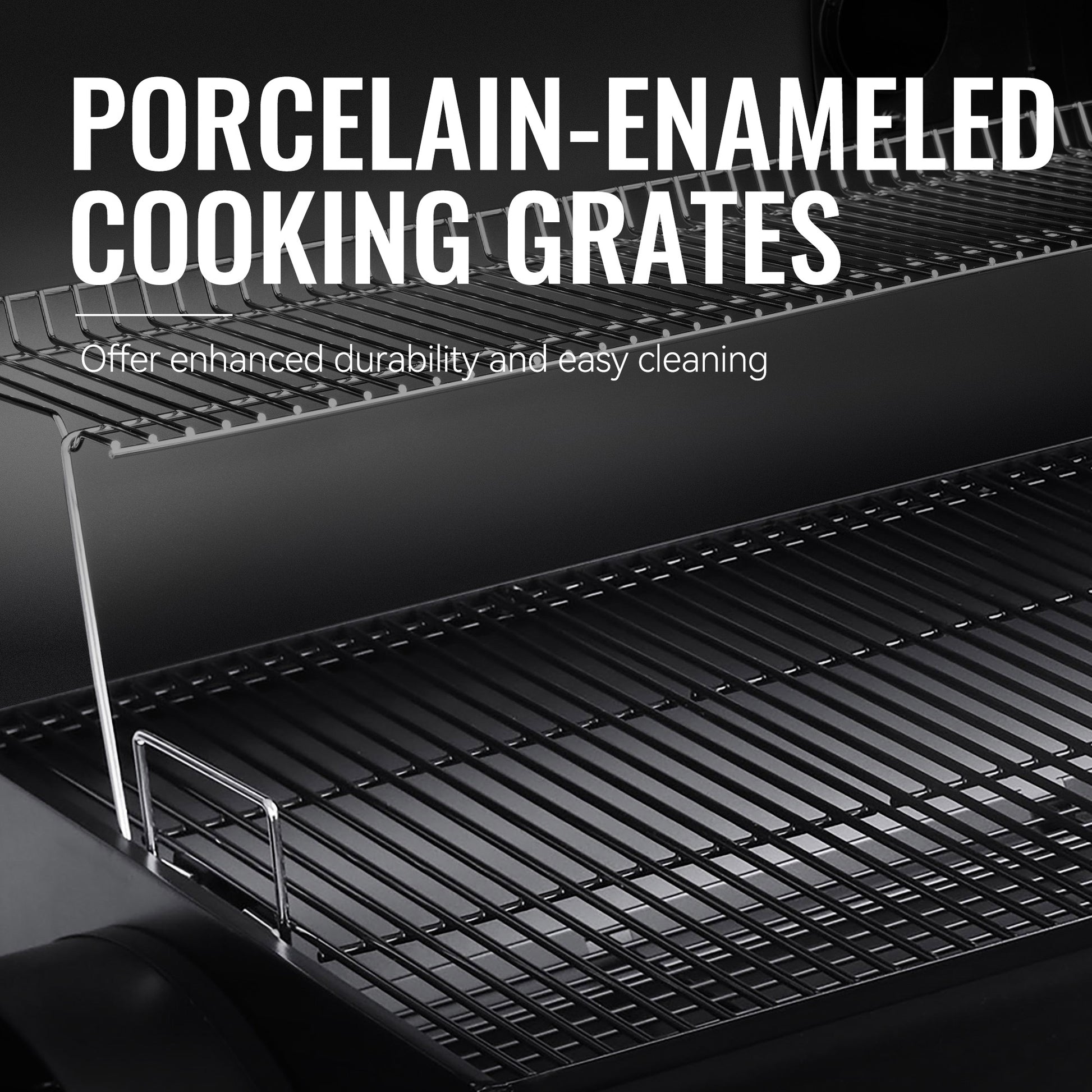 Porcelain-enameled cooking grates with text highlighting benefits