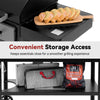A black outdoor Royal Gourmet grill with sliced garlic bread on a wooden board in the cooking chamber, plus a text banner reading 'Convenient Storage Access' and lower shelves showing a metal and fabric storage case, a bag of Flammable Charcoal, and a black grill accessory bag.