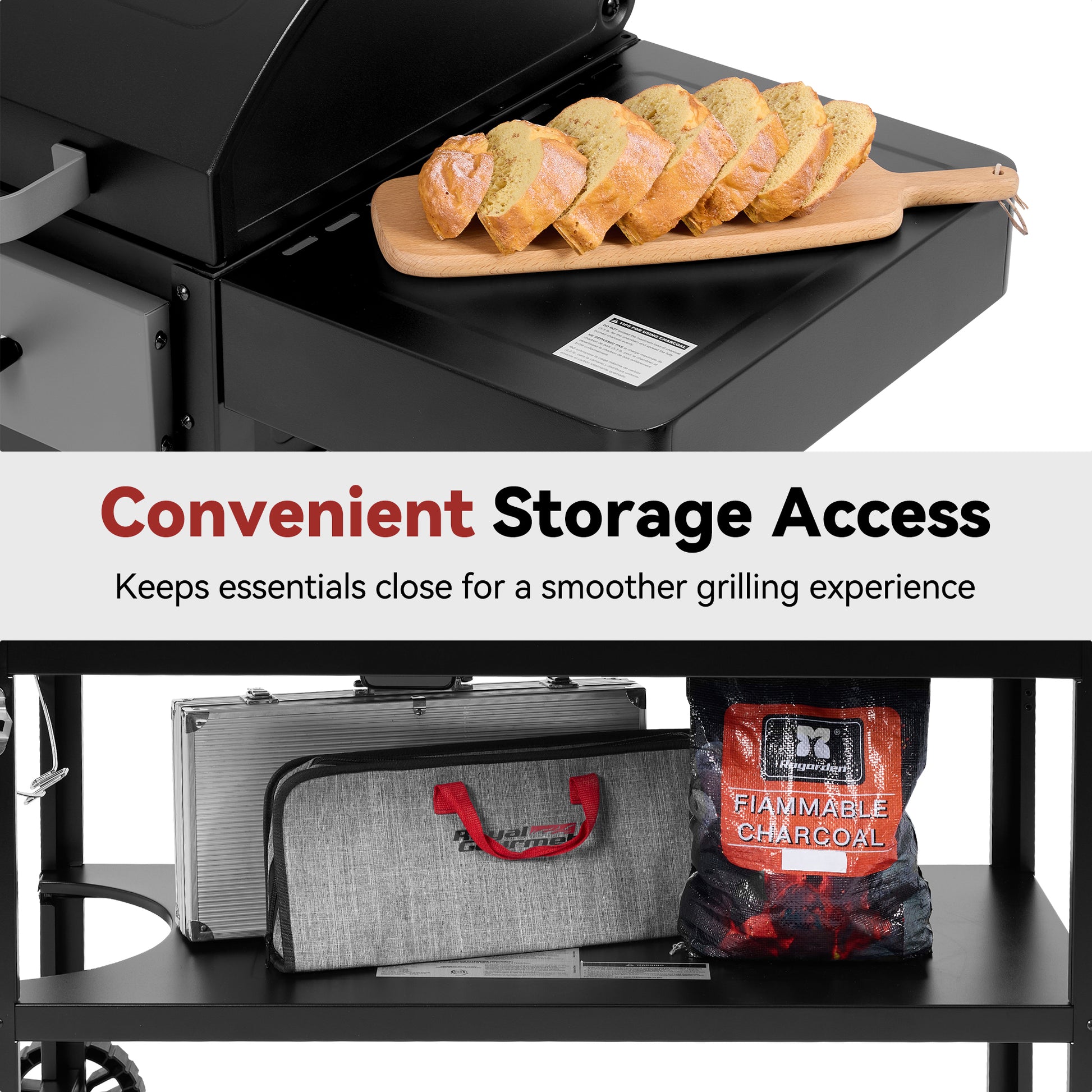 A black outdoor Royal Gourmet grill with sliced garlic bread on a wooden board in the cooking chamber, plus a text banner reading 'Convenient Storage Access' and lower shelves showing a metal and fabric storage case, a bag of Flammable Charcoal, and a black grill accessory bag.