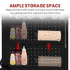A blackRoyal Gourmet  double-drawer storage cabinet with a white pegboard frame on the front, shown with red arrows and text explaining storage space. The basket and paper towel holder are mounted on the cabinet, holding condiment bottles and a paper towel roll.