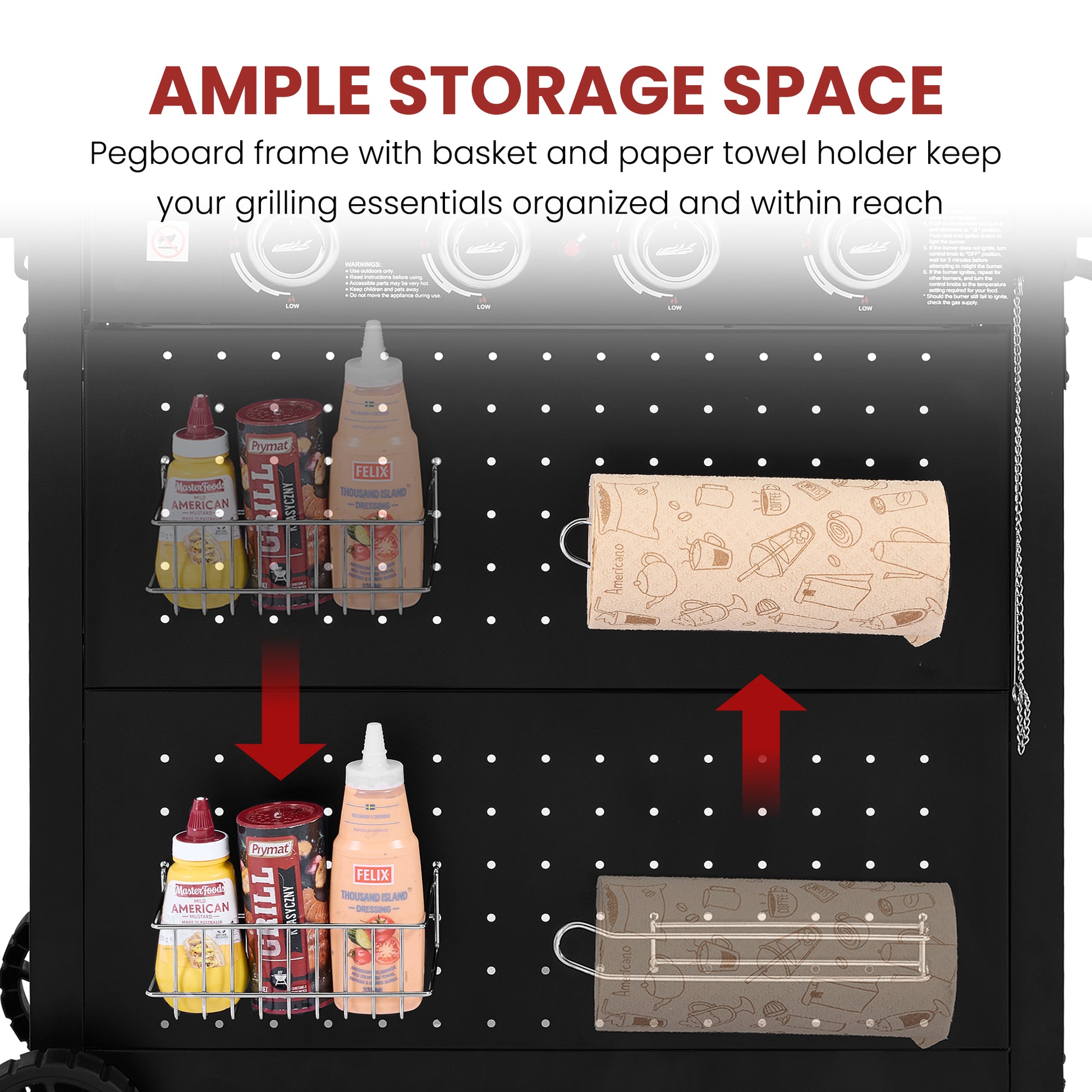 A blackRoyal Gourmet  double-drawer storage cabinet with a white pegboard frame on the front, shown with red arrows and text explaining storage space. The basket and paper towel holder are mounted on the cabinet, holding condiment bottles and a paper towel roll.