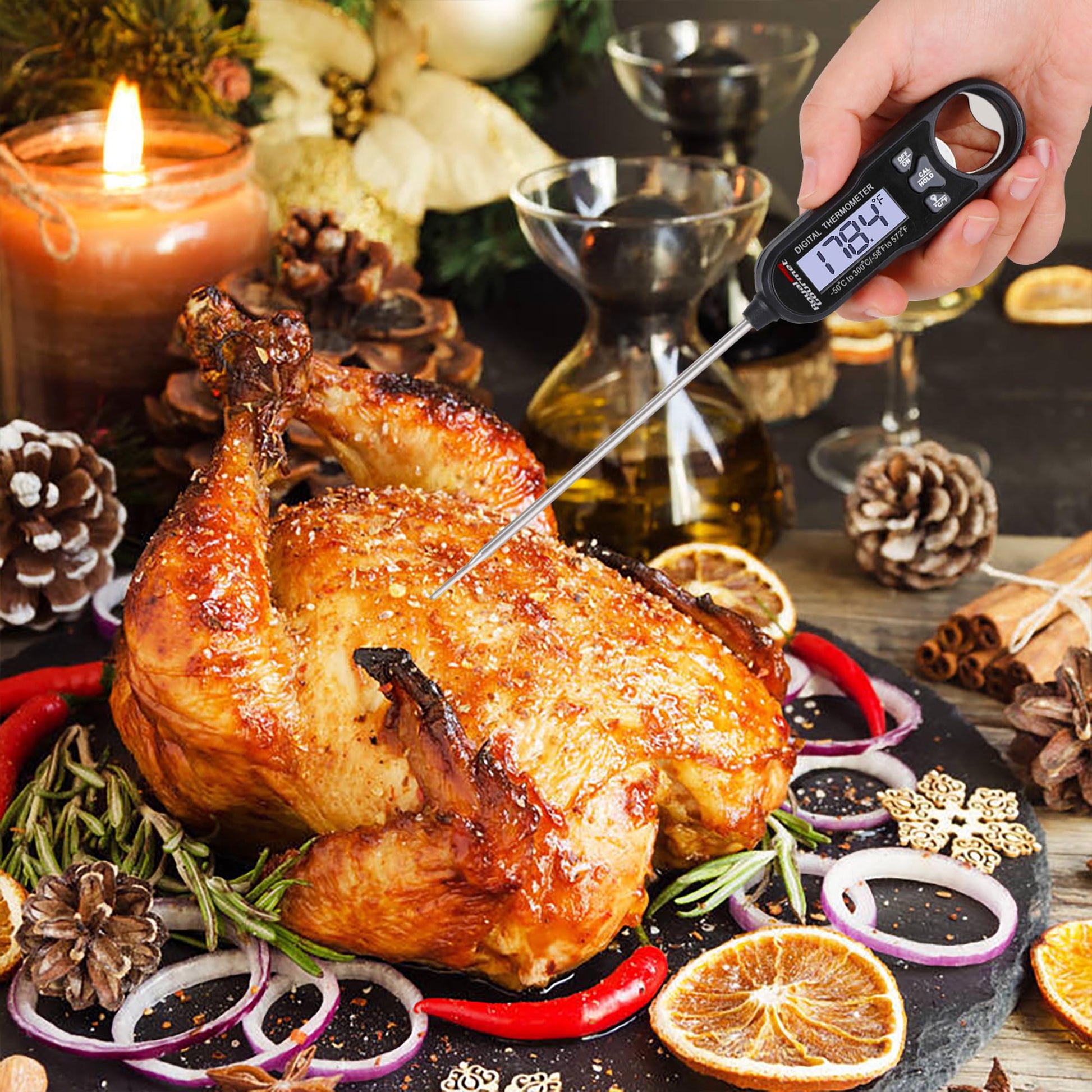 Roasted chicken being checked with a digital Royal Gourmet thermometer on a festive table setting.