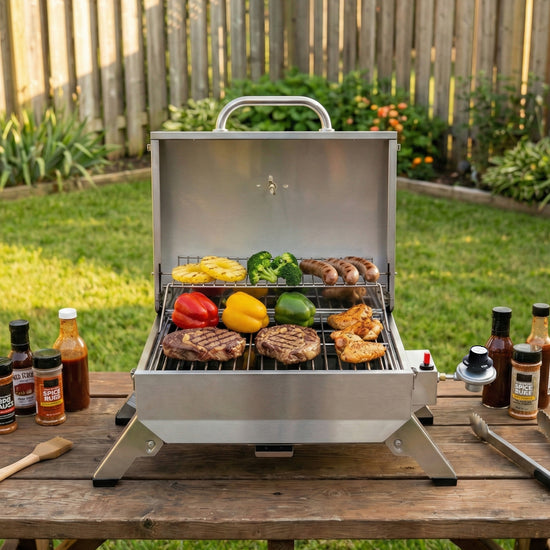 Portable Royal Gourmet   grill with food on a wooden table outdoors