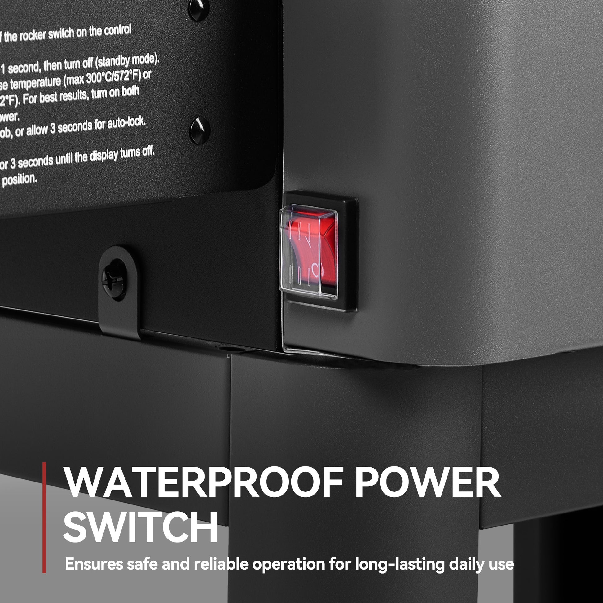 Royal Gourmet Waterproof power switch on a device with text indicating safe and reliable operation.