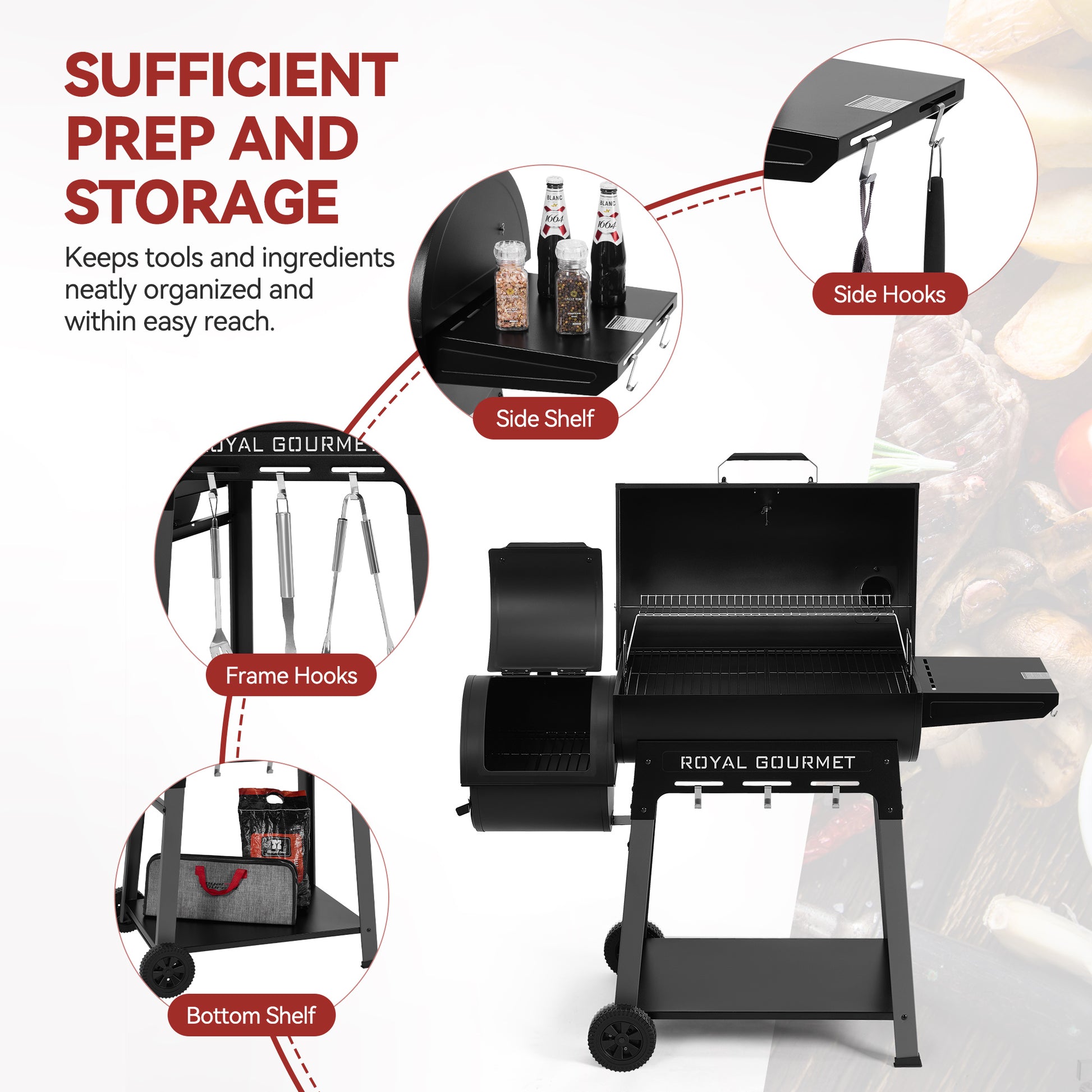 Black Royal Gourmet grill with storage and organization features on a white background