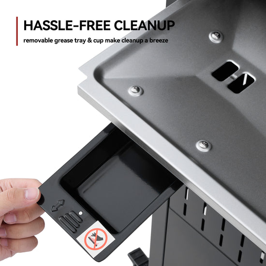 Removable grease tray being pulled out of a Royal Gourmet grill with text highlighting hassle-free cleanup.