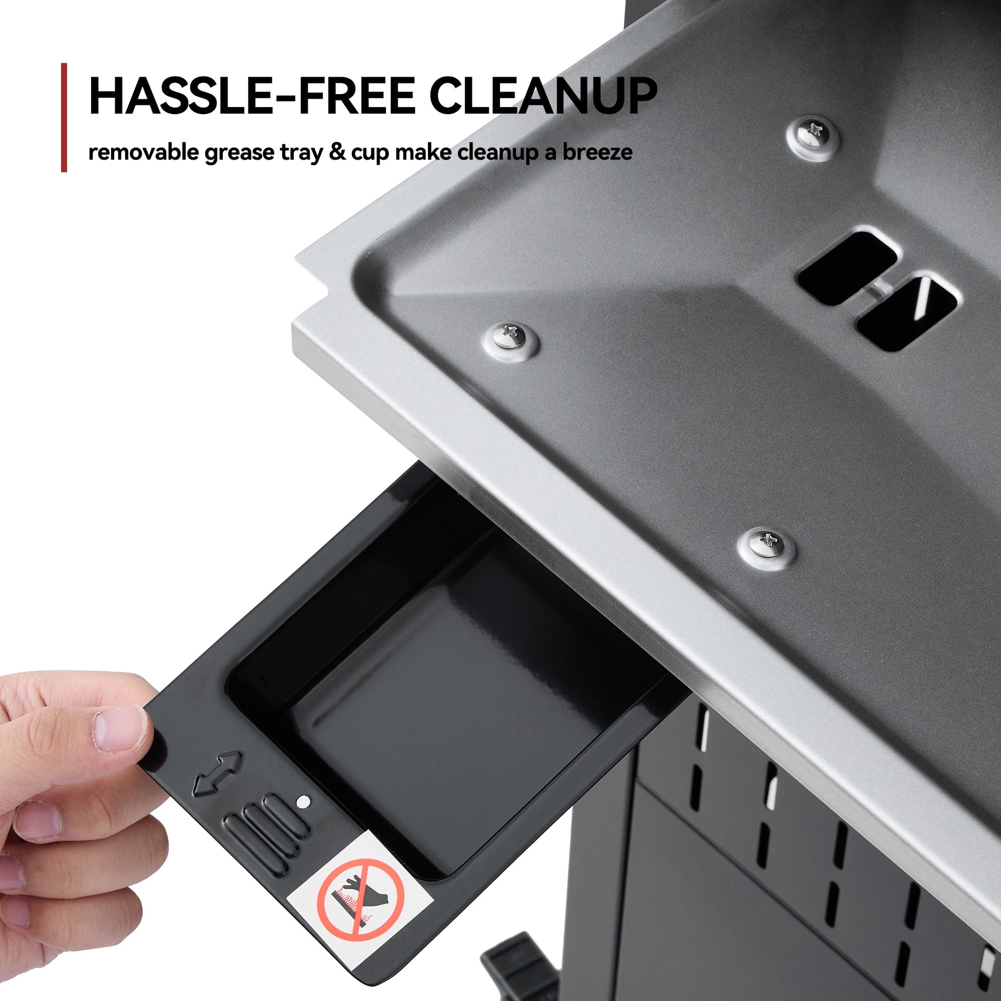 Removable grease tray being pulled out of a Royal Gourmet grill with text highlighting hassle-free cleanup.