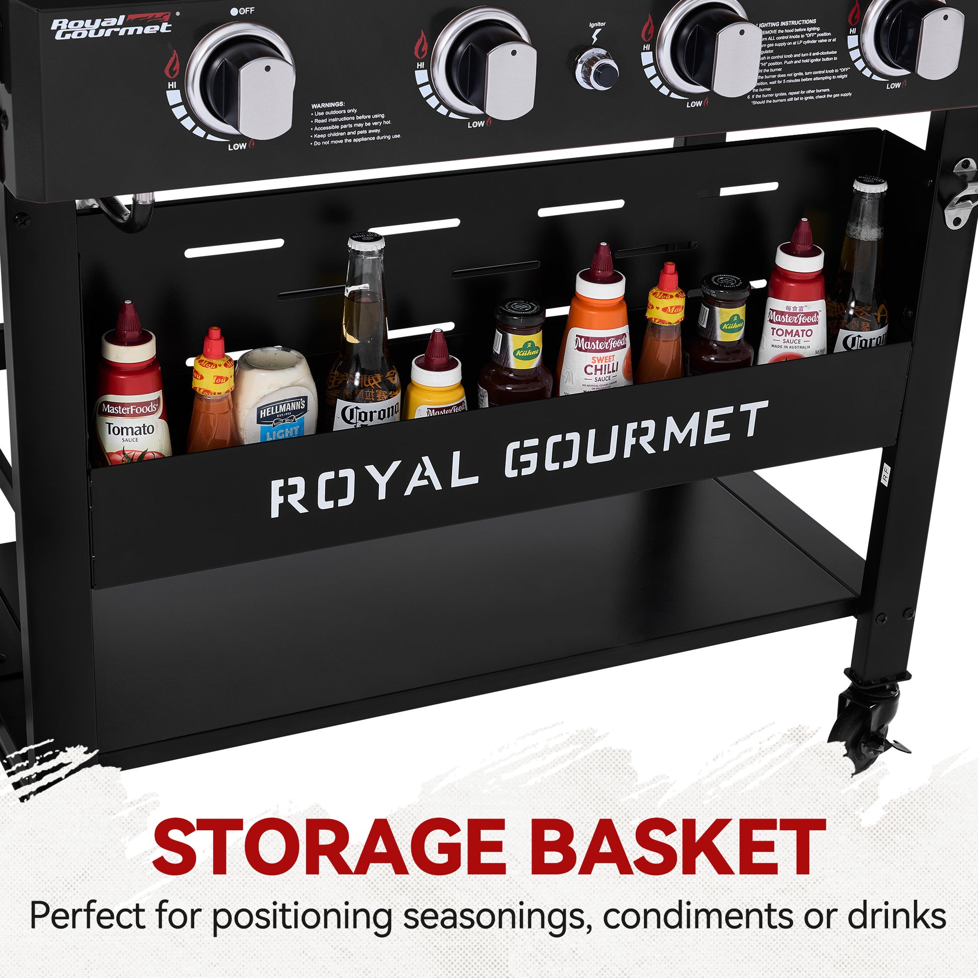 Royal Gourmet Black storage basket with labeled compartments for seasonings, condiments, or drinks on a white background.