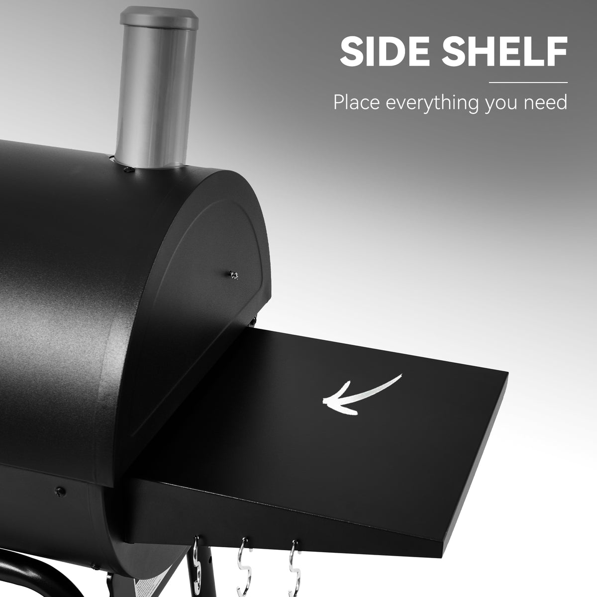 Black Royal Gourmet barbecue smoker with open side shelf on a gray background