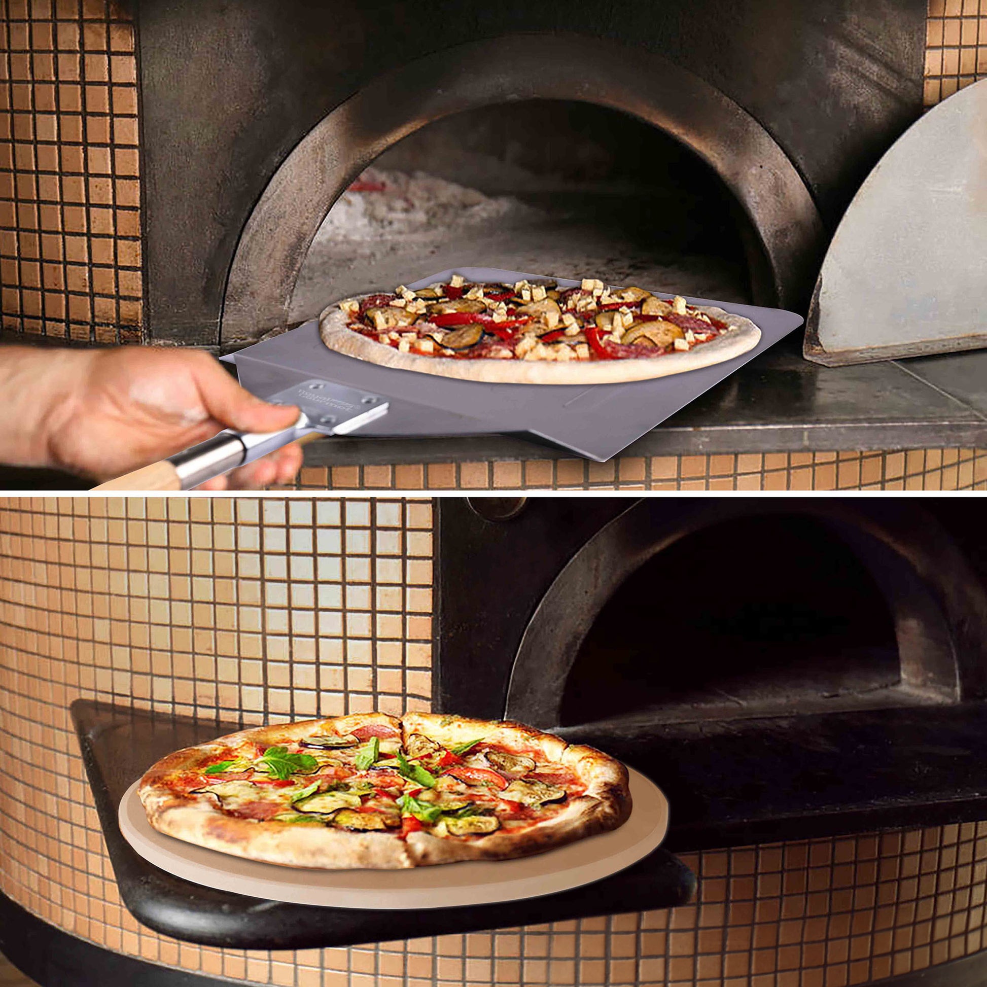 Collage of a pizza being placed in an oven and the finished product on a stone surface.