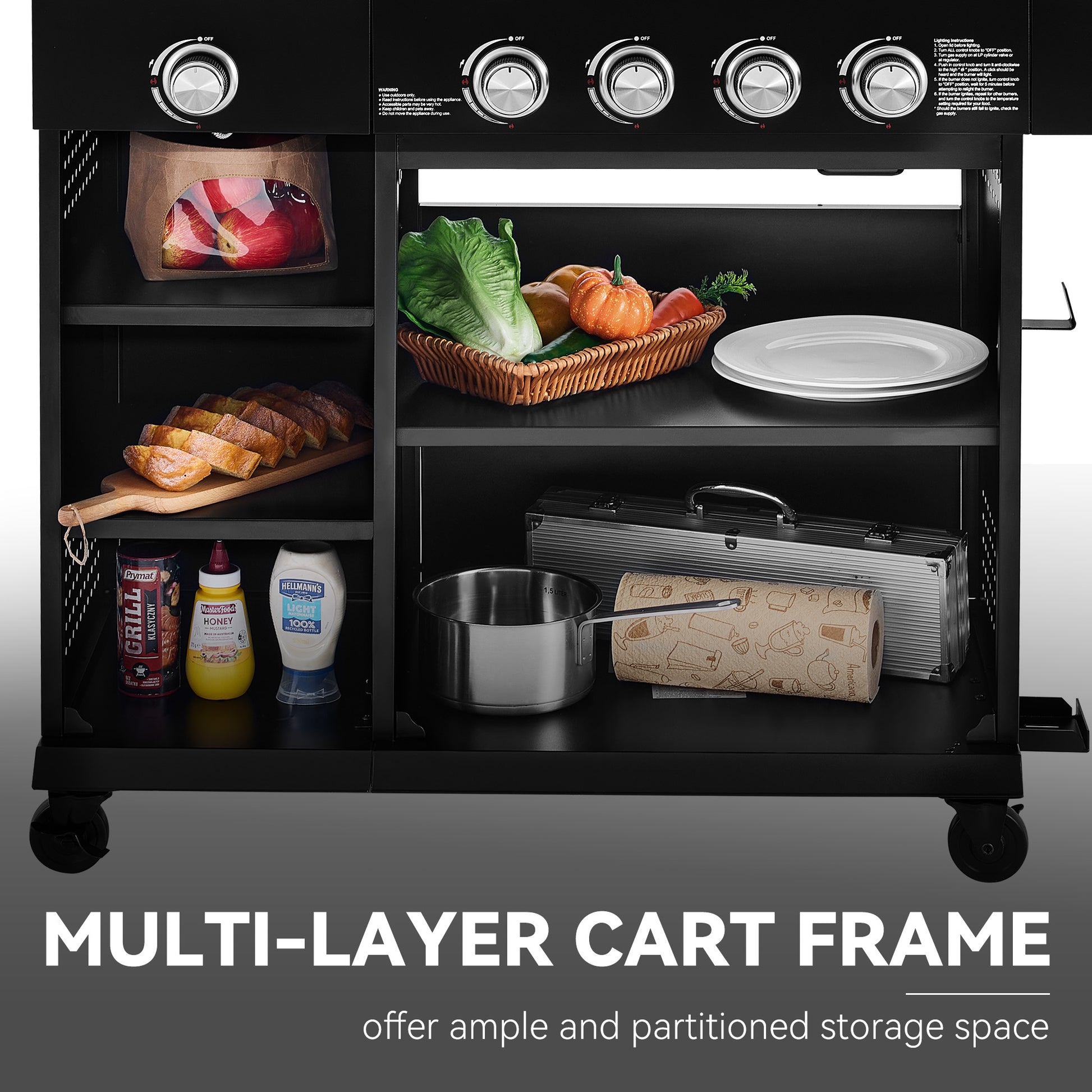 Multi-layer cart frame with kitchen items on shelves and text indicating storage capacity.