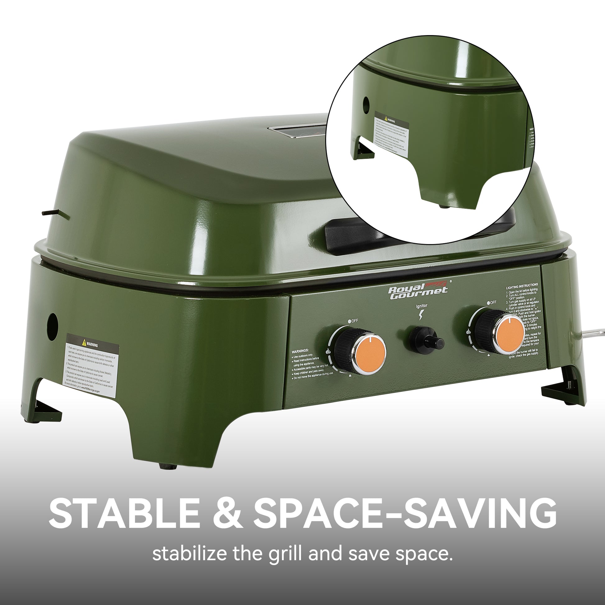 An olive green Royal Gourmet portable grill with two orange-topped control knobs, shown on a white-to-gray gradient background with a circular inset highlighting the lid support feature and marketing text reading 'STABLE & SPACE-SAVING'.