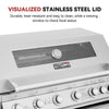 A stainless steel Royal Gourmet gas grill lid with a transparent viewing window and a round temperature gauge, shown on a white background with promotional text at the top. The Royal Gourmet brand logo is visible on the front.
