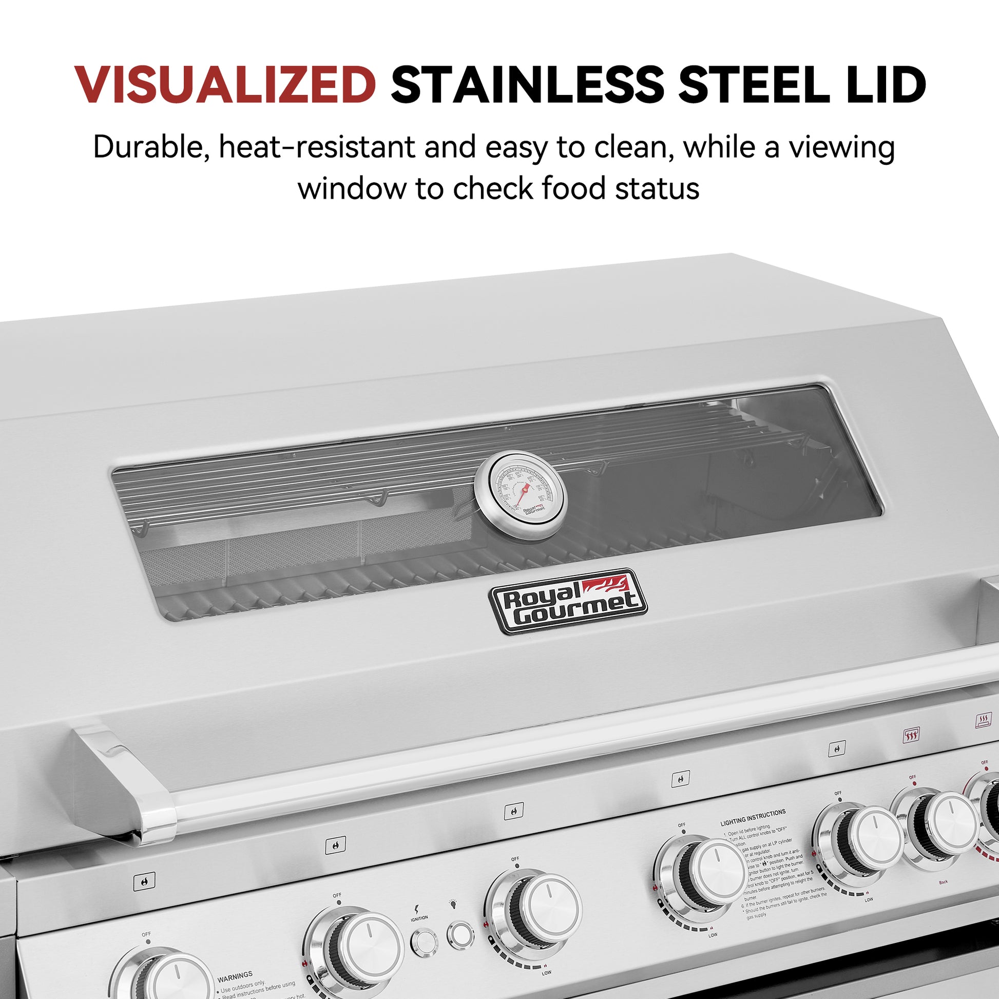 A stainless steel Royal Gourmet gas grill lid with a transparent viewing window and a round temperature gauge, shown on a white background with promotional text at the top. The Royal Gourmet brand logo is visible on the front.
