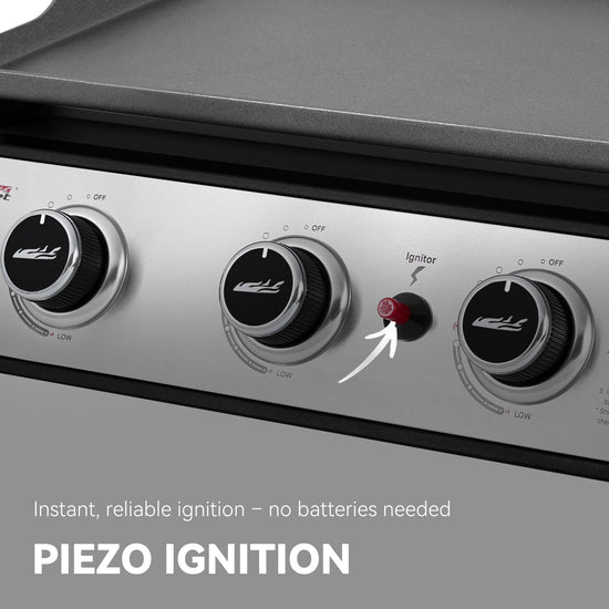 Stainless steel Royal Gourmet grill with piezo ignition system on a gray background