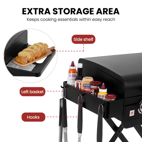 Black portable grill with labeled storage features: side shelf holding sliced bread, left basket, and hooks. Text at top reads 'EXTRA STORAGE AREA' and callout labels point to the shelf, left basket, and hooks.