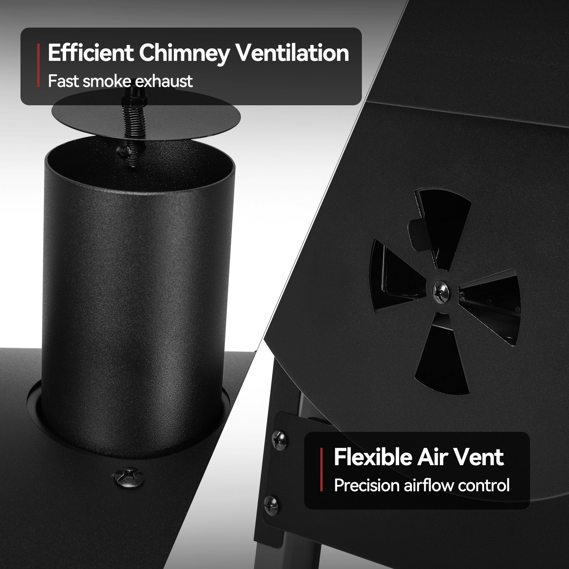 Black chimney ventilation system with flexible air vent on a gray background