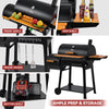 Collage of a black Royal Gourmet  barbecue grill with various shelves and attachments on a white background.