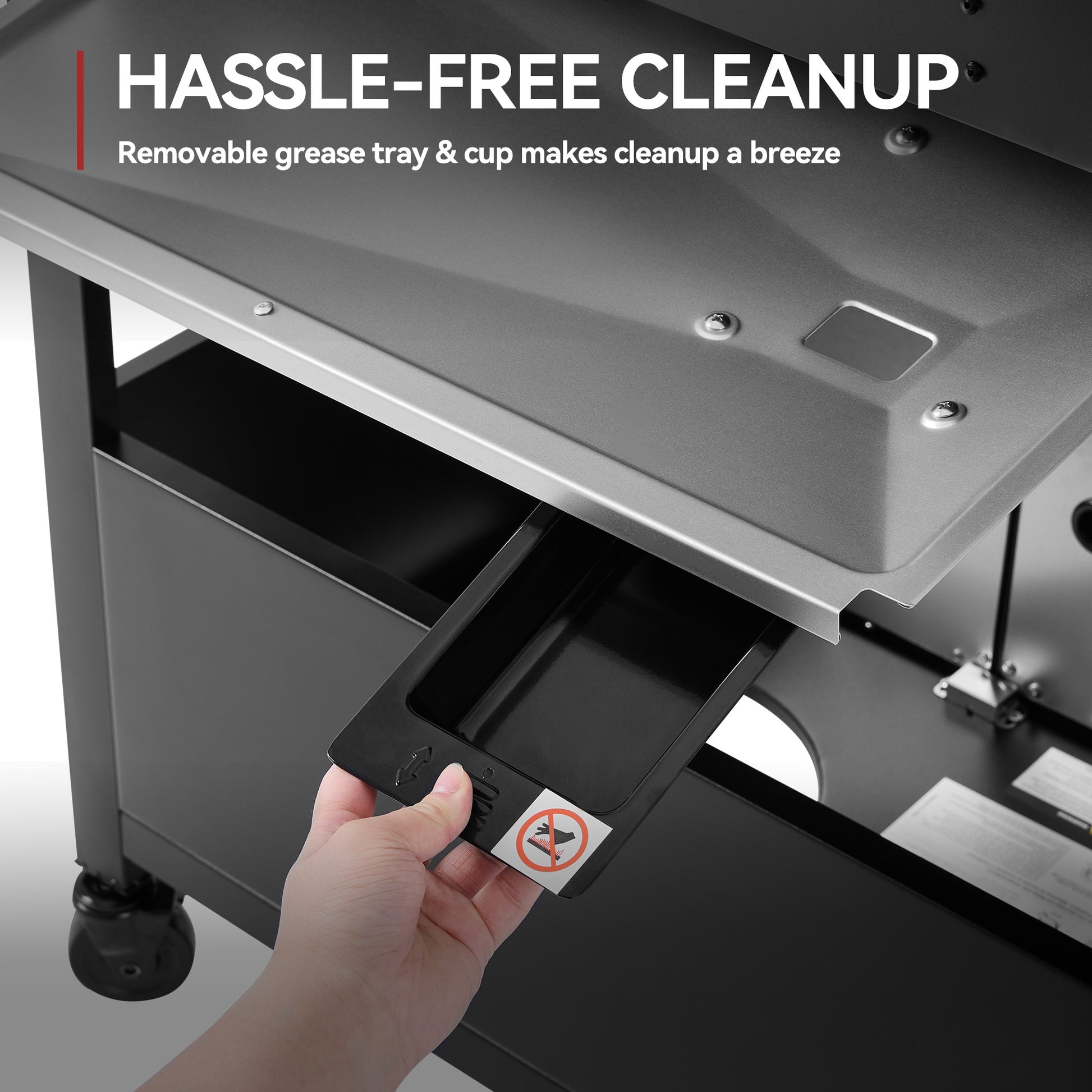 Removable grease tray being pulled out of a kitchen appliance with text highlighting hassle-free cleanup.