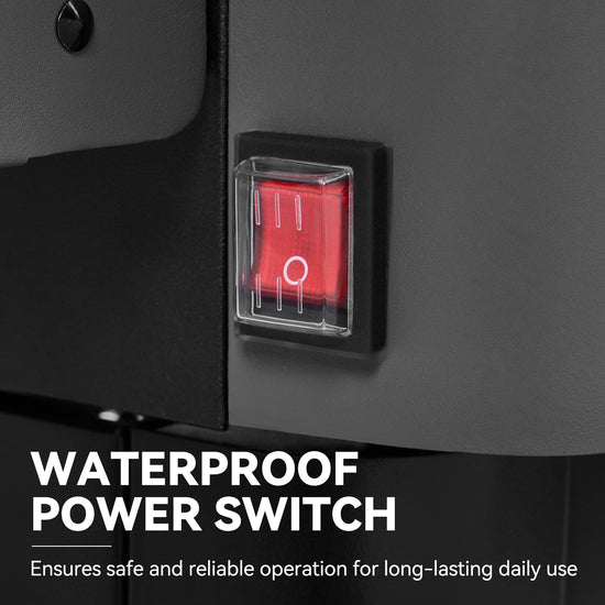 Close-up of a waterproof red power switch mounted on a dark gray appliance, with text reading 'WATERPROOF POWER SWITCH' and a smaller subtitle about reliable daily use.