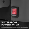 Close-up of a waterproof red power switch mounted on a dark gray appliance, with text reading 'WATERPROOF POWER SWITCH' and a smaller subtitle about reliable daily use.