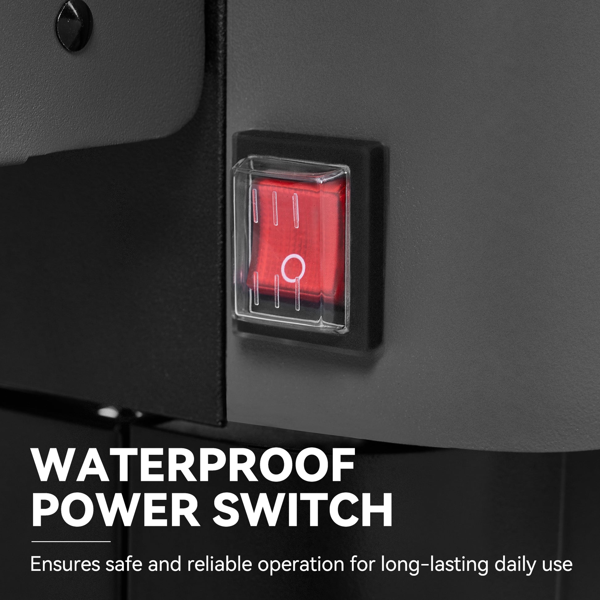Close-up of a waterproof red power switch mounted on a dark gray appliance, with text reading 'WATERPROOF POWER SWITCH' and a smaller subtitle about reliable daily use.