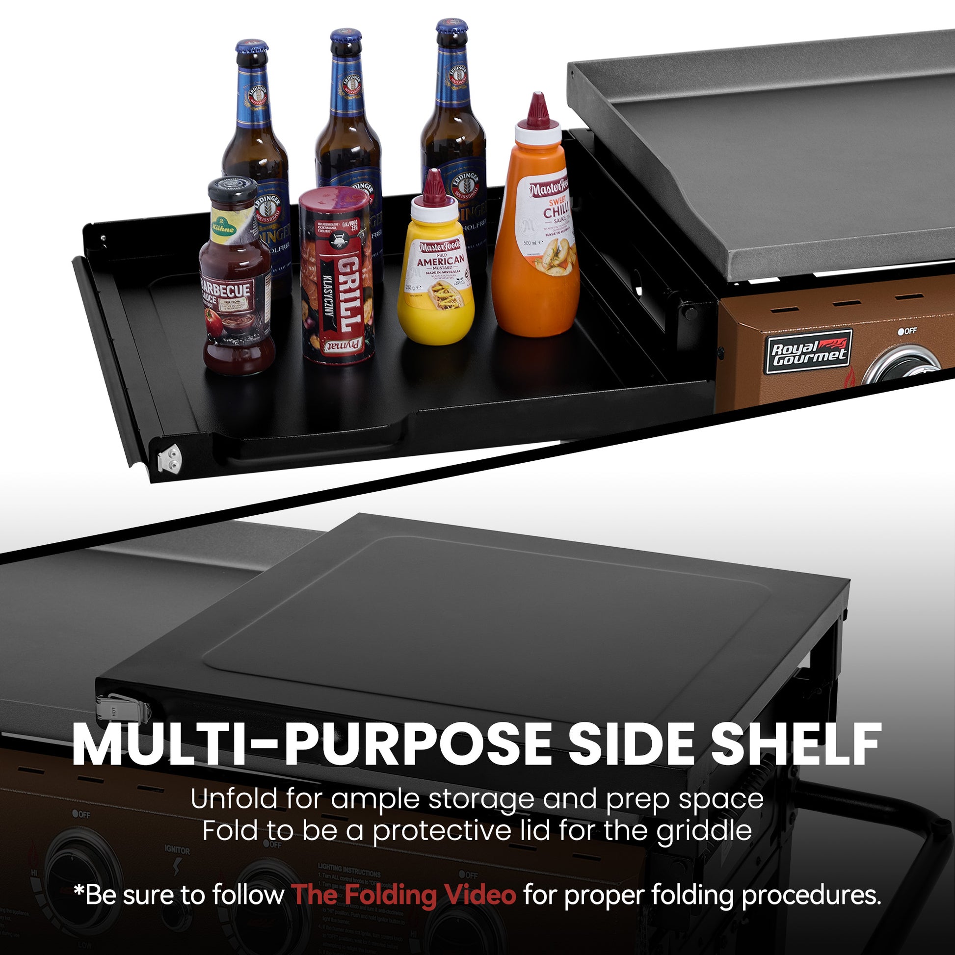 Multi-purpose side shelf with Royal Gourmet griddle and condiments on a white background