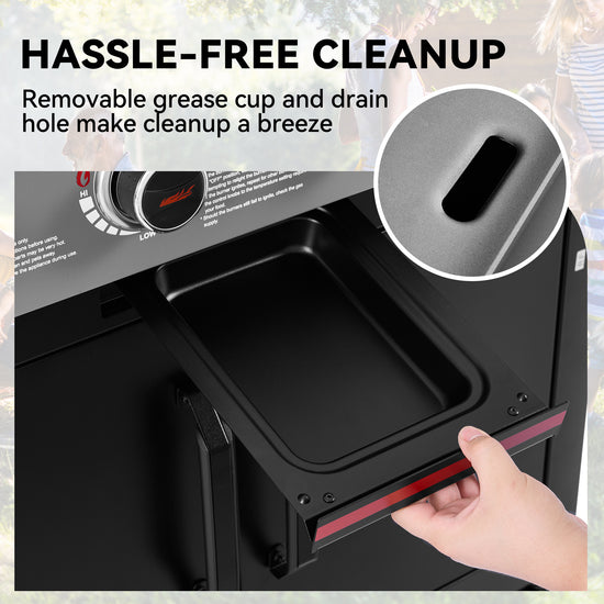 A close-up of a black outdoor Royal Gourmet  grill or stove with a hand pulling a removable tray or liner out of the front. Large text reads 'HASSLE-FREE CLEANUP' with smaller copy about a removable grease cup and drain hole, plus an inset circle showing the liner detail.