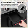 A close-up of a black outdoor Royal Gourmet  grill or stove with a hand pulling a removable tray or liner out of the front. Large text reads 'HASSLE-FREE CLEANUP' with smaller copy about a removable grease cup and drain hole, plus an inset circle showing the liner detail.